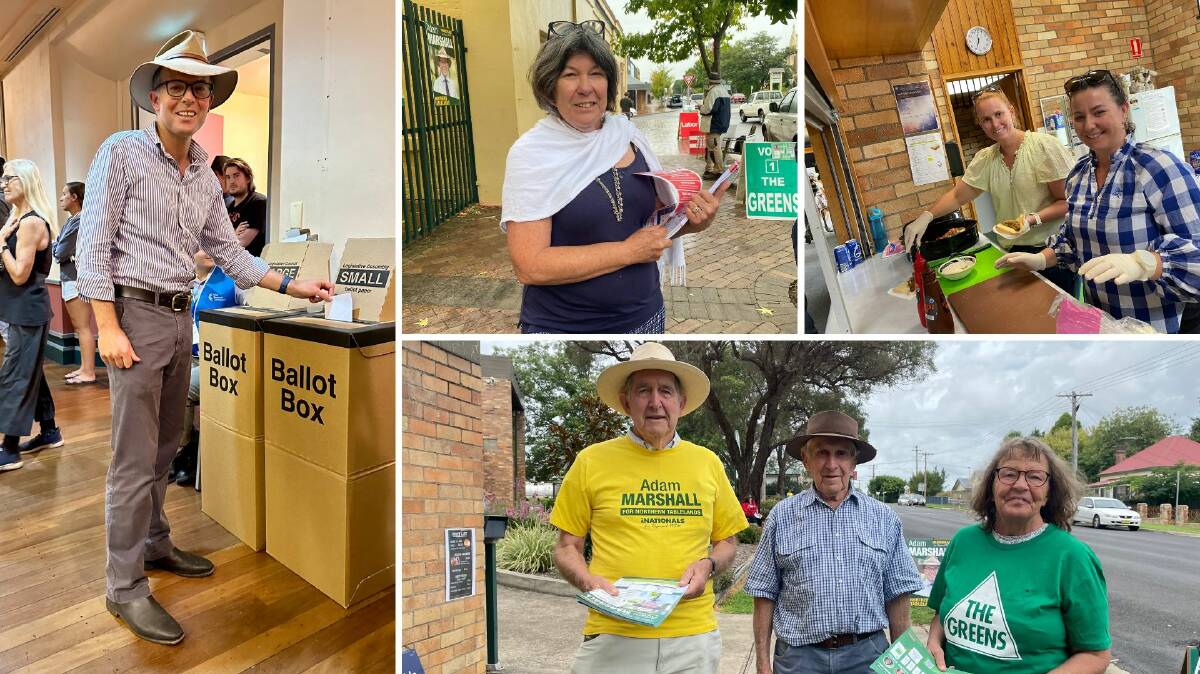 (Clockwise from left) Adam Marshall casts his vote at Armidale Town Hall, Labor's Yvonne Langenberg on election day, Jennie Waters and Justine Watts with democracy sausages at Newling Public School, party volunteers Keith Clarke, Pat Coupland and Liz Anderson. 