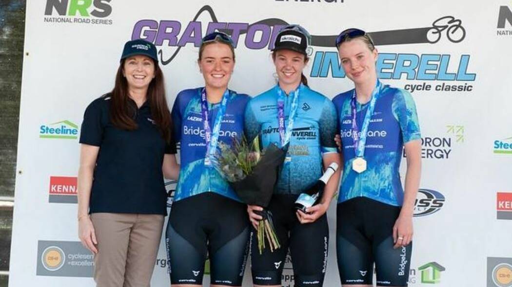 Squadron Energy's Trish McDonald with stage winners Katelyn Nicholson, Lillee Pollock and Keely Bennett.